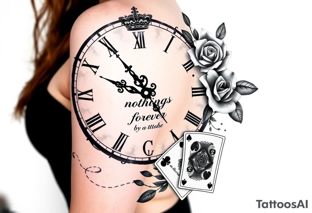 Roman clock with roses and a crown,  a quote that says nothings forever. and on the bottom a deck of cards tattoo idea