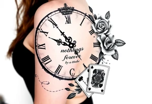 Roman clock with roses and a crown,  a quote that says nothings forever. and on the bottom a deck of cards tattoo idea