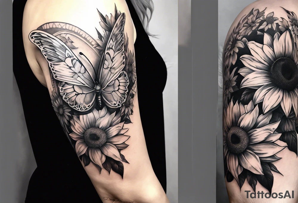 Sleeve with angel wings, sunflower and butterfly tattoo idea