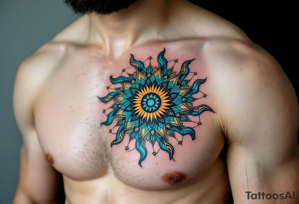 A vibrant Celtic sun tattoo in teal and gold symbolizes harmony and light at the center of the chest. tattoo idea