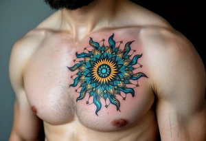 A vibrant Celtic sun tattoo in teal and gold symbolizes harmony and light at the center of the chest. tattoo idea