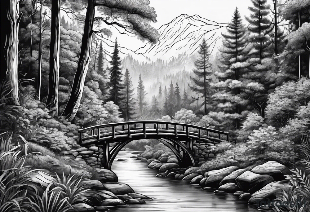 Forest with a creek and bridge tattoo idea