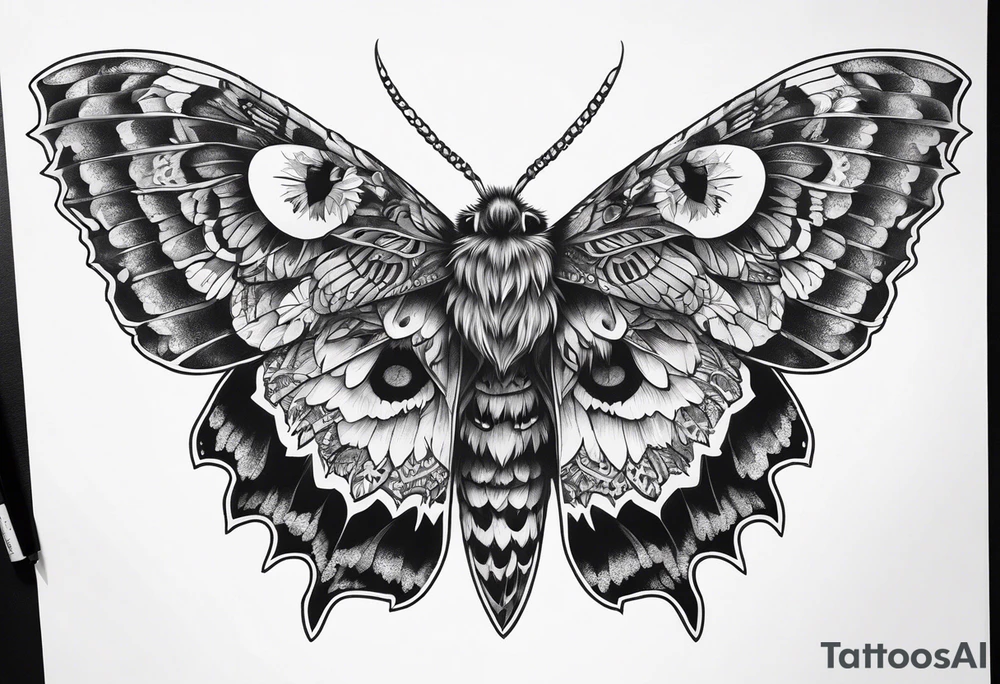 Dead head moth with long wings and owl eyes tattoo idea