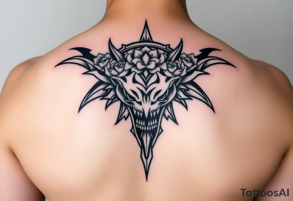ornate hammerhead adorned with crown of wild roses and thorns tattoo idea