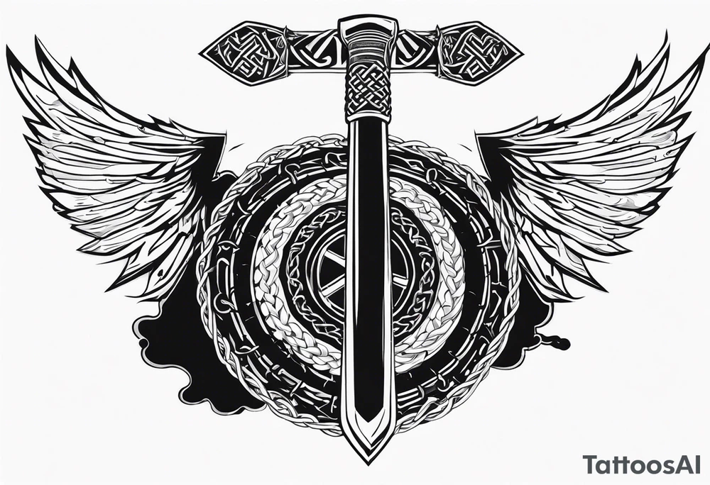 Valhalla sword round
shield axe barbed wire chains dark cloud valknut tattoo idea