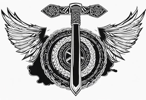 Valhalla sword round 
shield axe barbed wire chains dark cloud valknut tattoo idea