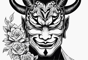 A cabeça de um homem com a cabeça raspada usando uma máscara de hannya tattoo idea