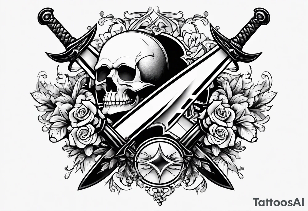 Two minimalist swords crossed on left hand tattoo idea