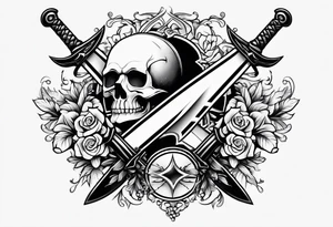 Two minimalist swords crossed on left hand tattoo idea