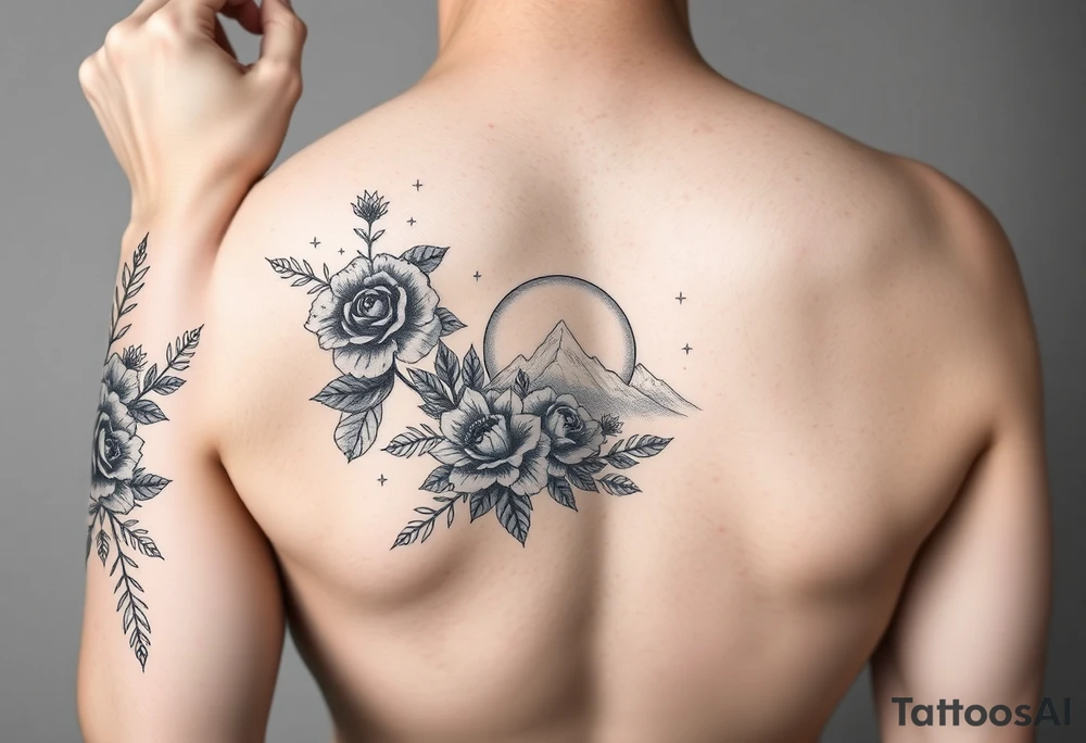 Arm and wristwrap around tattoo, with roses and wild flowers
moon and stars mountains
Feminine tattoo idea