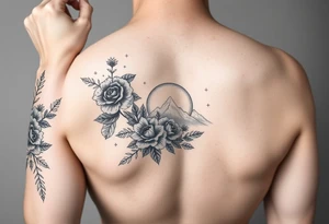 Arm and wristwrap around tattoo, with roses and wild flowers 
moon and stars mountains
Feminine tattoo idea
