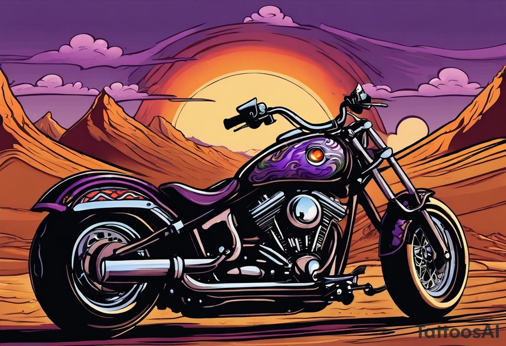 A single eyeball with arms & legs & a mustache riding a motorcycle with flames coming out the pipes. The rider should be face on and there should be a desert sunset scene in the background. Use greens and purples for the desert scene tattoo idea