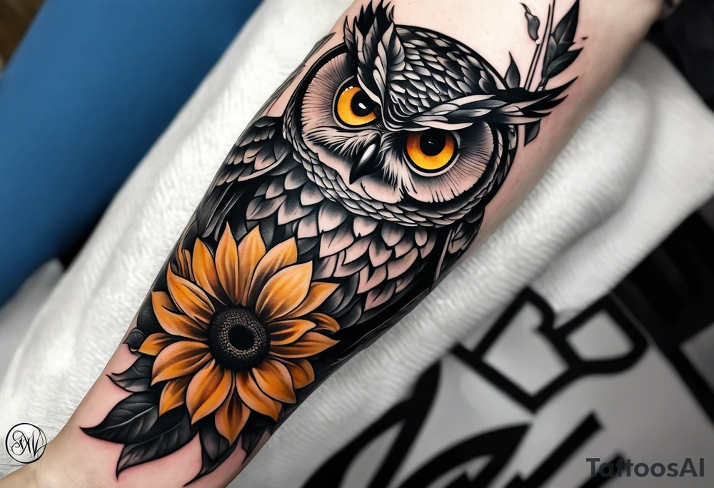Sunflower forearm tattoo with owl, and light house tattoo idea