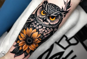 Sunflower forearm tattoo with owl, and light house tattoo idea