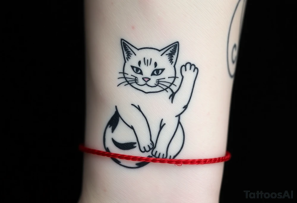 chinese chopsticks with a red thread by the end of it,
about 5cm long , 1 cm wide
it goes into the anterior part of the left wrist
besides the chopstick lies a chinese cat drawing waving its riht arm tattoo idea