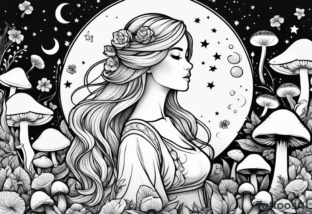 Blonde chubby Girl surrounded by mushrooms crescent moon background tattoo idea
