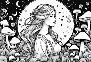 Blonde chubby Girl surrounded by mushrooms crescent moon background tattoo idea