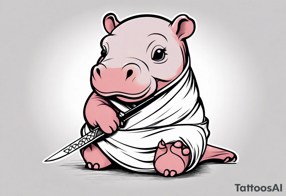 Baby hippo in a swaddle holding a katana tattoo idea