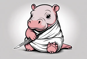 Baby hippo in a swaddle holding a katana tattoo idea