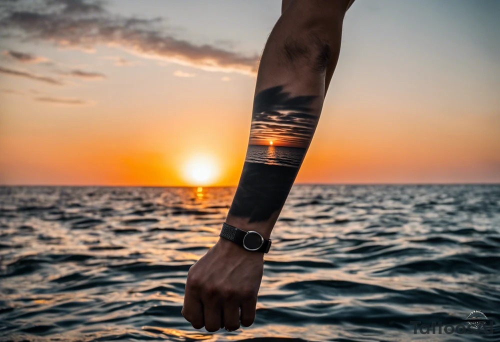 Minimalistic, black and white tattoo on male forearm. From the perspective of being on the ocean, the water is calm, with no waves in sight, the sun is setting behind the ocean, reflecting light onto the water. The tattoo in the shape of a rectangle, 4 inches wide by 2 inches tall. tattoo idea