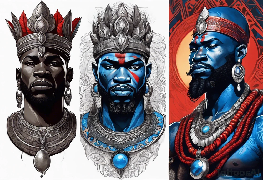 Black-skinned african god of war with a small silver crown, no armor, and two ball necklaces: one blue, other red tattoo idea