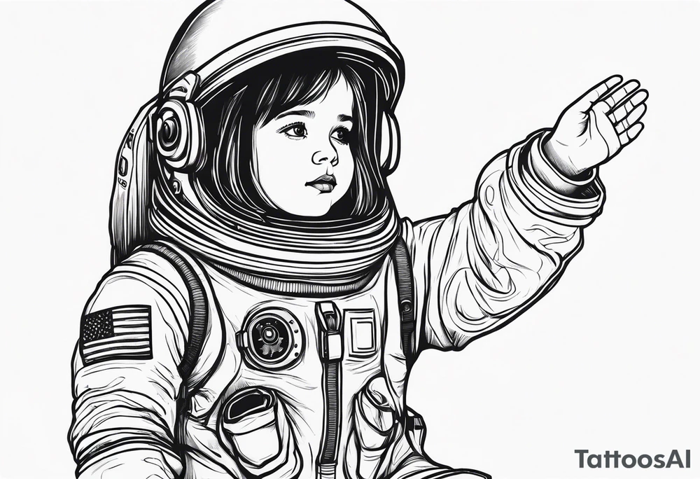 large astronaut space suit hand holding a very little girl in a dress tattoo idea