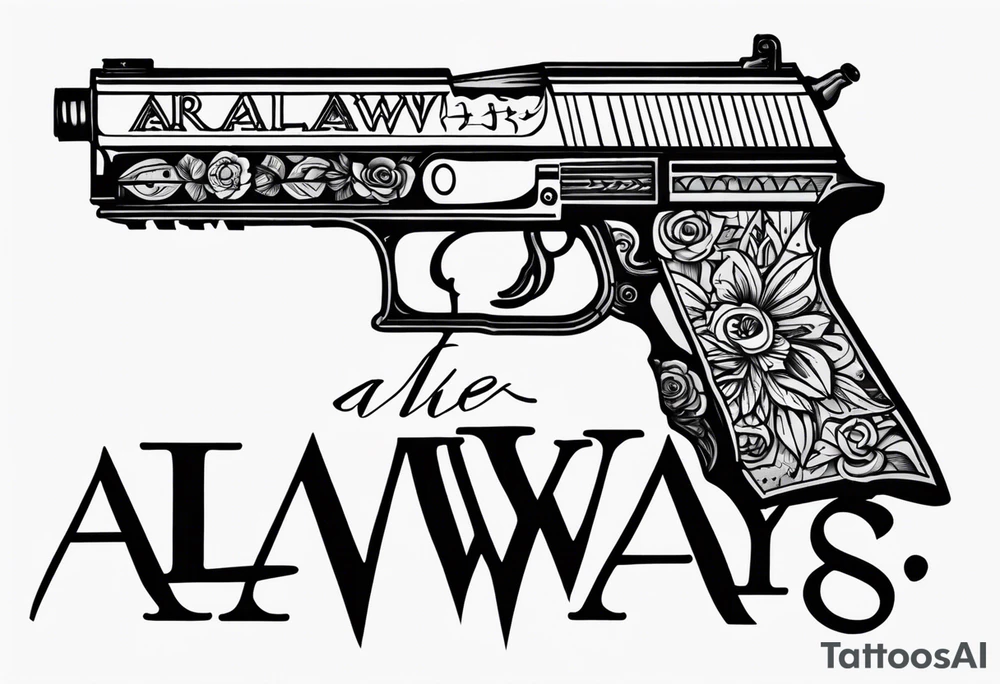 The letters AR with a pistol on each side and the word always on the top and ready on the bottom tattoo idea