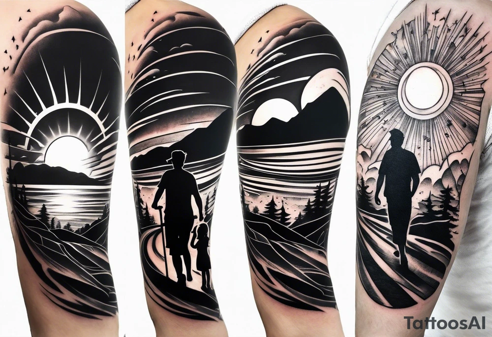 sleeve tattoo sun rays with windy road and dad, daughter and son silhouette tattoo idea