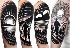 sleeve tattoo sun rays with windy road and dad, daughter and son silhouette tattoo idea