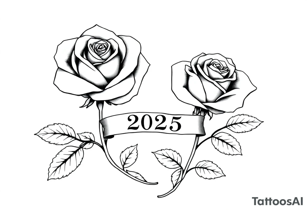 two beautiful large rose buds, one larger than the other, with many leaves next to the rose buds, with one sitting higher than the other. Include a banner connecting the two roses with the year "2025" on it.   Use dark outlines with little shading. The two stems should be short, not long, and connect and join into one stem, whimsically curved or twisted - not straight down. tattoo idea