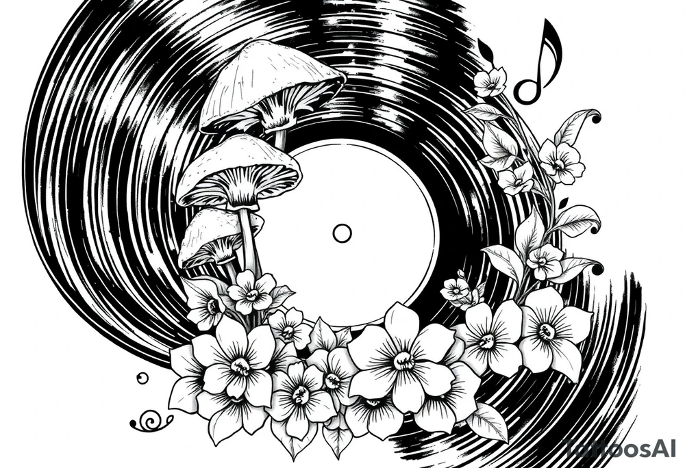 vinyl record with mushrooms, flowers, and music notes tattoo idea