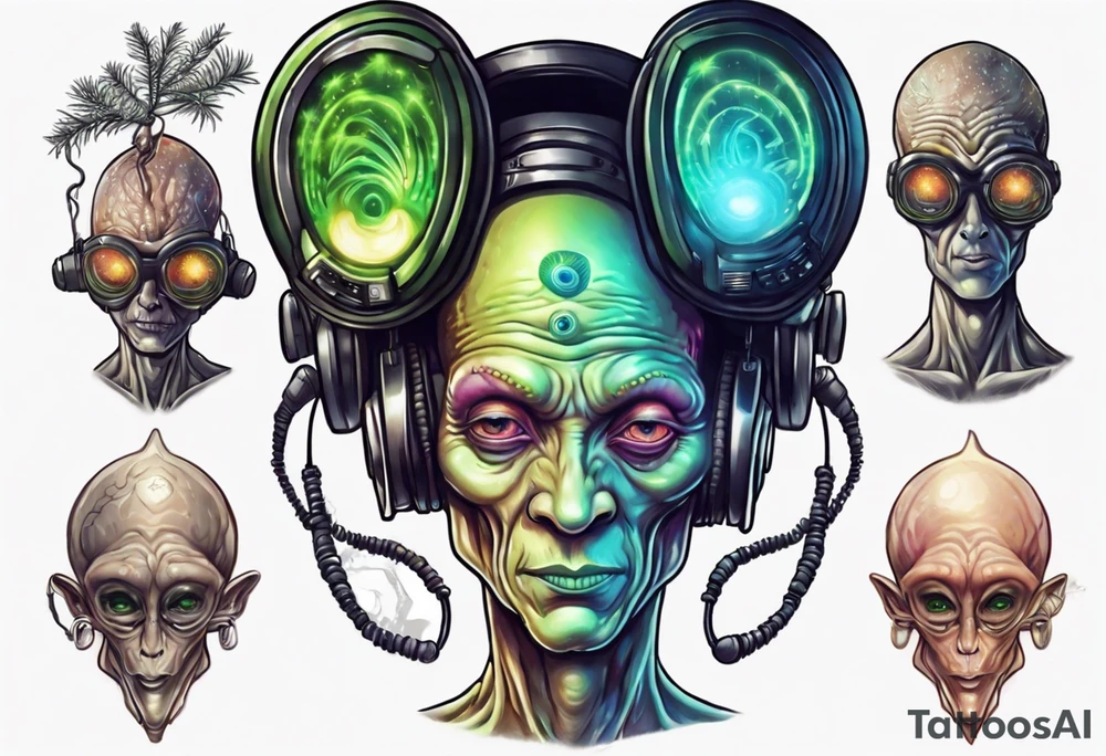 A realistic portrait of an extraterrestrial DJ with a glowing pineal gland tattoo idea