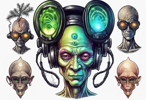 A realistic portrait of an extraterrestrial DJ with a glowing pineal gland tattoo idea