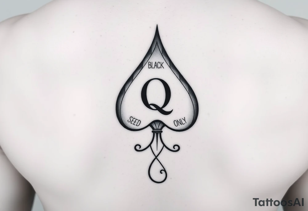 A spade womb tattoo with a Q in the center, with three points around the outside. The first reading, "BLACK". The second reading, "SEED". The third reading, "ONLY". A winding tail at the bottom of the spade. tattoo idea