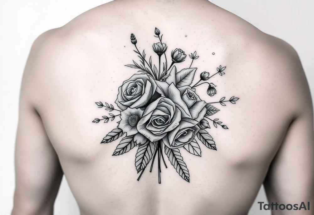 vintage bouquet of wild roses and meadow flowers with morning dew tattoo idea