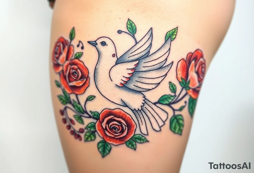 A collared dove surrounded by swirling vines and roses, with the dove in light gray and soft white, and the vines in green with hints of deep red for the roses tattoo idea