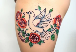 A collared dove surrounded by swirling vines and roses, with the dove in light gray and soft white, and the vines in green with hints of deep red for the roses tattoo idea