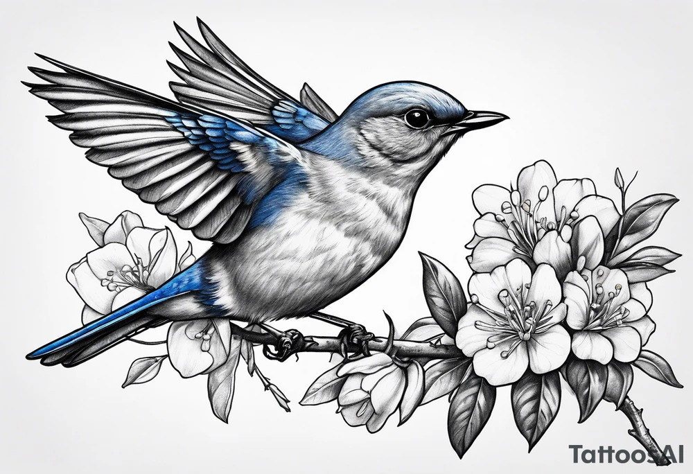 bluebird lifting off of branch with orange blossoms tattoo idea