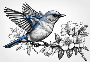 bluebird lifting off of branch with orange blossoms tattoo idea