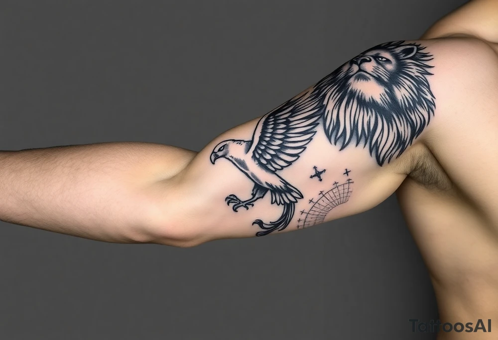 Lion face on, phoenix face on rising from ashes to night sky and subtle Leo zodiac tattoo idea