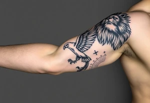 Lion face on, phoenix face on rising from ashes to night sky and subtle Leo zodiac tattoo idea