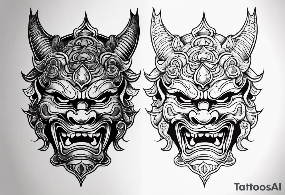oni mask, dark, japanese,forearm, small tattoo idea