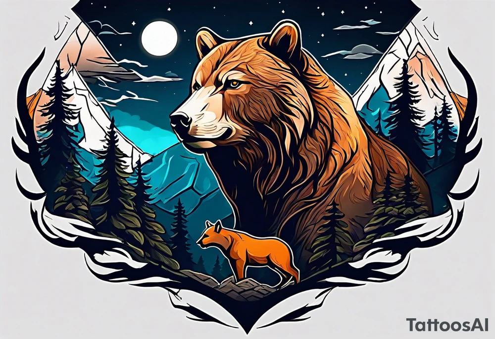 Hunter in the forest with dark mountains in the background under moonlight with bear and
 deer and a cougar tattoo idea