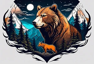 Hunter in the forest with dark mountains in the background under moonlight with bear and
 deer and a cougar tattoo idea