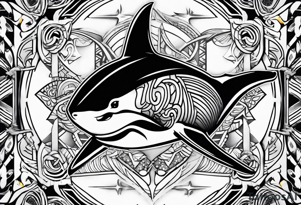 Warp tattoo above the knee, using Polynesian style including shark teeth arrows manta ray hammerhead shark tattoo idea
