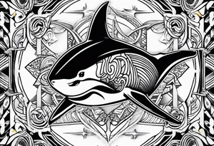 Warp tattoo above the knee, using Polynesian style including shark teeth arrows manta ray hammerhead shark tattoo idea