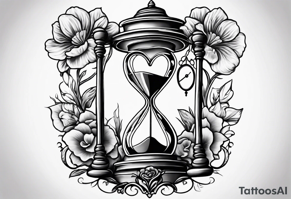 Hour glass and flowers and a heart clock tattoo idea
