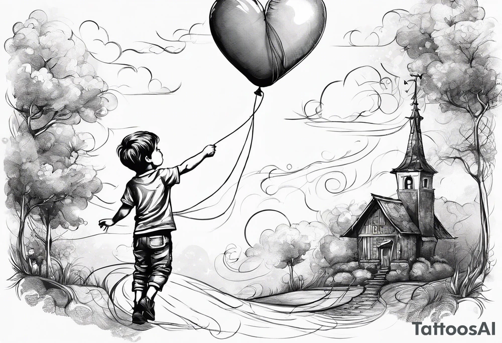 tatoo in sketch style only.
A little boy is holding a string to the hearth shaped small party baloon.
boy should be drawed from behind and has one hand reaching up in 45 degree angle and holding the baloon string
On the string is a wave which look like a hearbeat pulse.
draw it without any scenery, without any background. Just a boy 
Add heartbeat pulse on the string tattoo idea