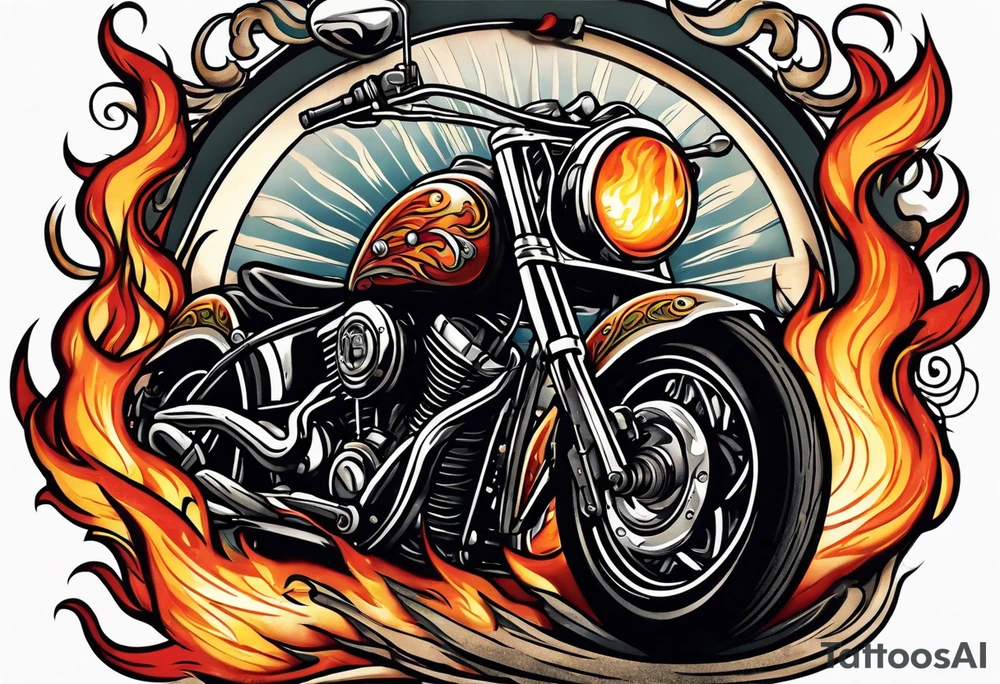 An eye ball riding a motorcycle with flames coming out the back tattoo idea