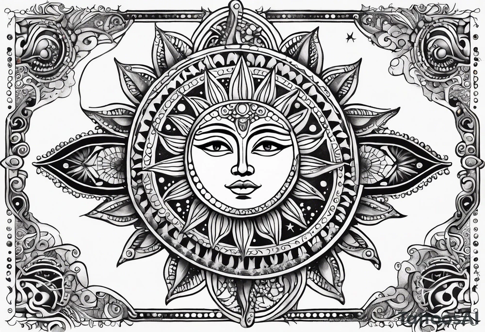 Mexican feminine alien Sun and moon. Freeform rectangular sternum swirls with dots and stars tattoo idea